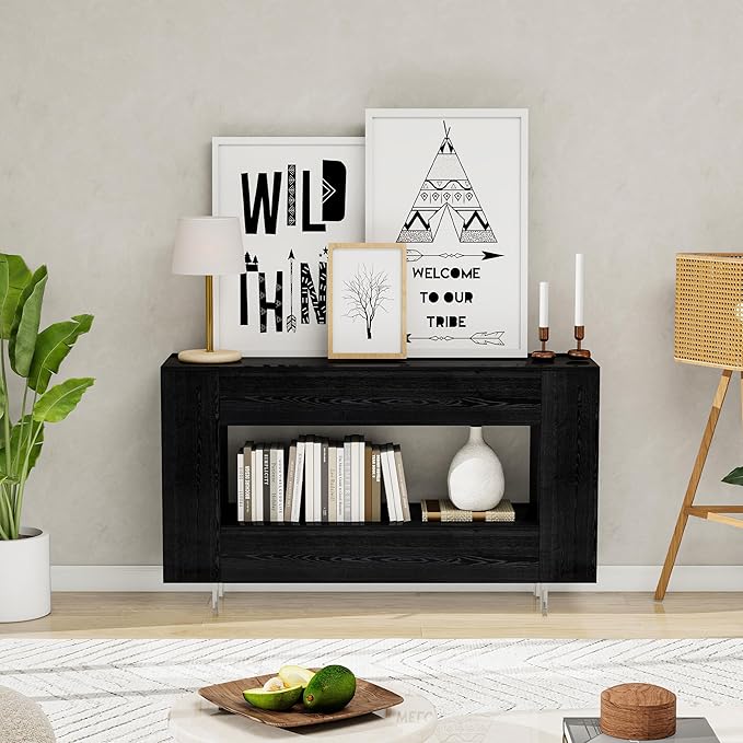 TV Stand for 55 Inch with 2 Large Drawers &amp Hidden Storage Cabinets Modern Farmhouse Entertainment Center Television Stands for Living Room Bedroom Black Wood Grain
