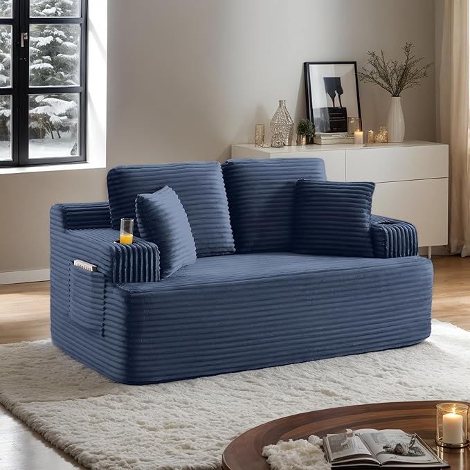 66.5 Small Cloud Loveseat Sofa in a Box Comfy Corduroy 2-Seater Boneless Couch Modern Deep Seat Sofa for Small Spaces Living Room &amp Apartment No Assembly Required (Blue 66.5 inch) | Memory F