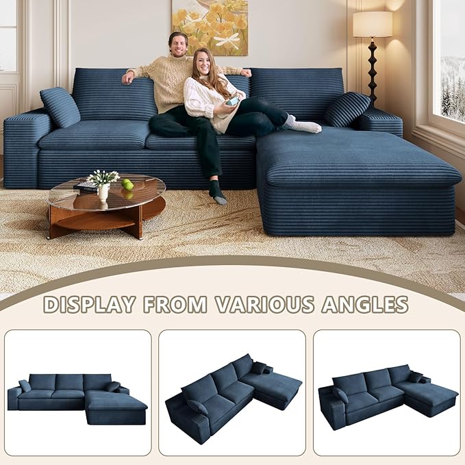 107 Cloud Couch Modular Sectional Couchs with Chaise Lounge L-Shape Boneless Couches for Living Room Corduroy Sofa with Deep Seat No Assembly Required (Blue Right Facing Chaise)