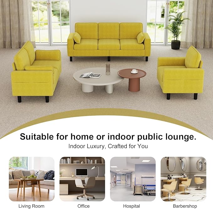 kinbor Small Couches for Small Spaces - Set of 2 Modern Loveseat Sofa with Magazine Pockets &amp Detachable Cover Durable Foam Couch for Living Room Office Salon Mustard Yellow