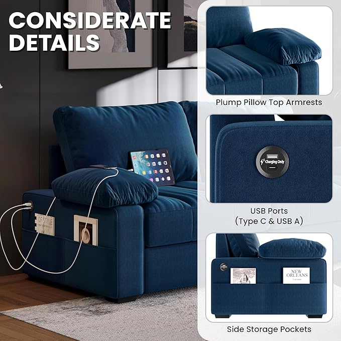 Yaheetech 79 Velvet Futon Sofa with Storage Pockets &amp USB Ports Removable Armrest Pillow &amp Cover Modern Comfy Loveseat Couch for Living Room Apartment Bedroom Blue