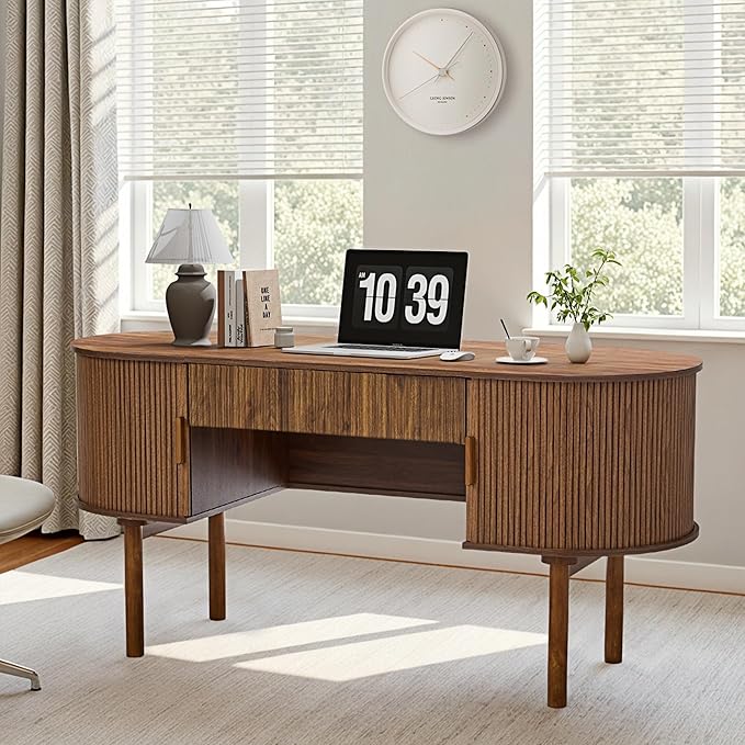 Executive Office Desk with Storage 63 Inch Large Computer Workstation Desk with Drawer and File Cabinets Mid Century Modern Fluted Wood Writing Desk for Home Office Study Room Living Room Walnut