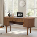 Executive Office Desk with Storage 63 Inch Large Computer Workstation Desk with Drawer and File Cabinets Mid Century Modern Fluted Wood Writing Desk for Home Office Study Room Living Room Walnut