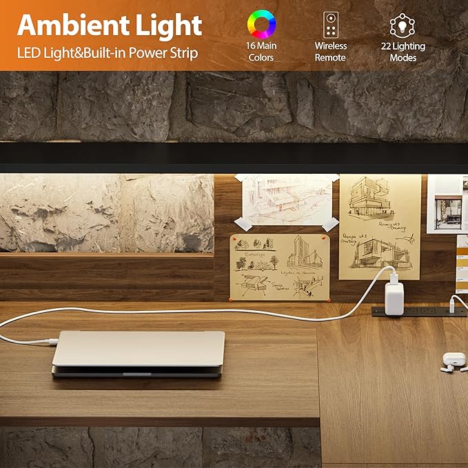 Agilestic L-Shaped Electric Standing Desk 63x55 Inch Ergonomic Adjustable Height Desk with Storage Stand Up Corner Desk Sit Stand Computer Table Power Outlet &amp LED Lights Office Table Dark Wal