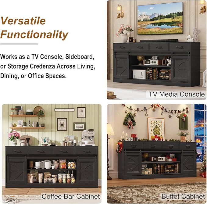 St.Mandyu 70 Large Farmhouse TV Stand for 85/80/75/70 Inch TVs w/4 DrawersRustic Tall Media Console w/Sliding Barn Door Adjustable ShelvesTall Entertainment Center for Living RoomBlack