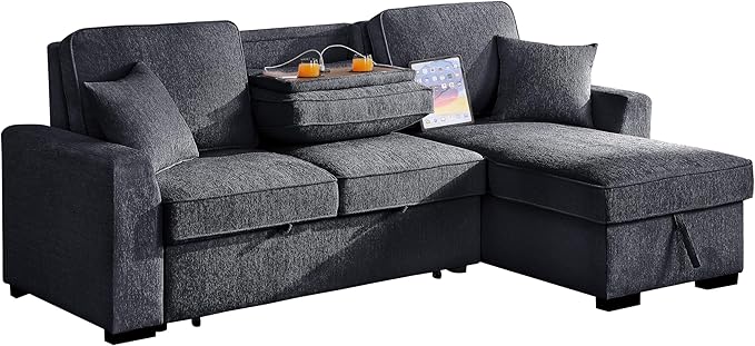 INSTORY Sectional Sleeper Sofa with Pull-Out Bed Drop-Down Table USB &ampType-C Port Cup Holders Dark Gray