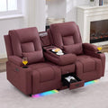IPKIG Power Recliner Loveseat with Console Zero Wall Hugger Sofa Couch Faux Leather 2-Seater Sofa with LED Lights AC Outlets USB Ports Cup Holders Red | Storage Drawer Bluetooth Speaker Living