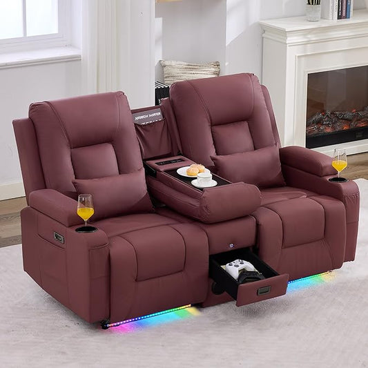 IPKIG Power Recliner Loveseat with Console Zero Wall Hugger Sofa Couch Faux Leather 2-Seater Sofa with LED Lights AC Outlets USB Ports Cup Holders Red | Storage Drawer Bluetooth Speaker Living