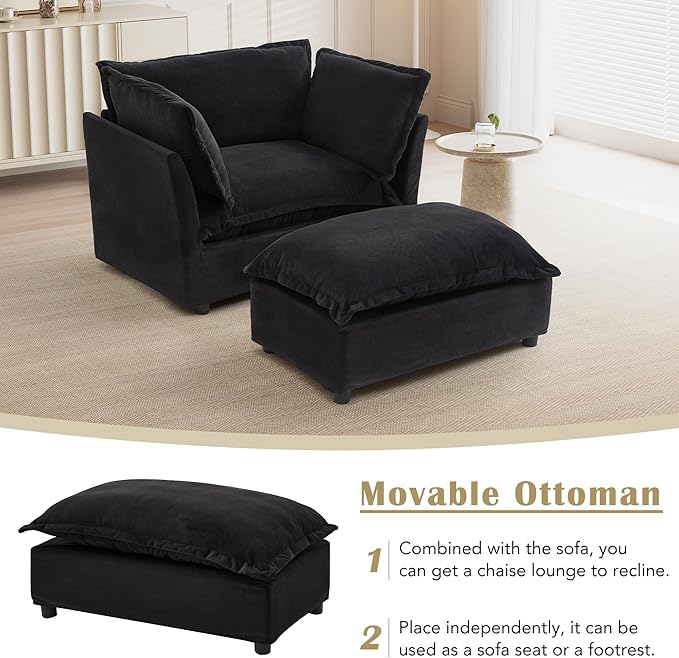 47 Cozy Upholstered Sofa Chair with Movable Ottoman Wide Seat Curved Armrests and Soft Pillows Modern Armchair Sofa for Living Room Bedroom Black