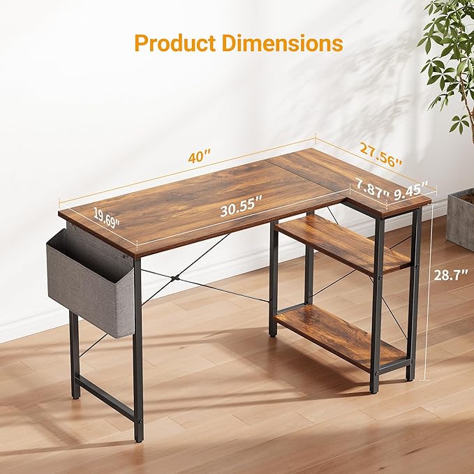 CubiCubi L Shaped Desk 40 Inch Computer Desk with Reversible Storage Shelves Home Office Corner Desk Study Writing Table Rustic Brown
