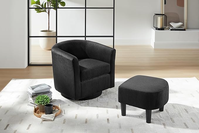 Swivel Accent Chair 360° Comfy Recliner Corduroy Arm Chair Single Sofa with Ottoman for Living Room BedroomBlack