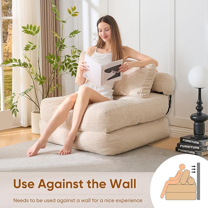 Waxberry Folding Sofa Couch Bed 36 Deep Oversized Seat Boneless Sofa Chair Corduroy Convertible Single Sleeper Chair Couch Bed for Living Room Portable Fold Out Chair Bed With Back Support (Beige)