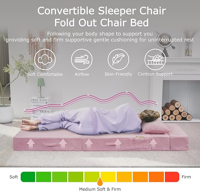 Folding Sofa Bed 4 in 1 Convertible Sleeper Chair with Pillow Single Memory Foam Fold Out Chair Bed Modern Floor Futon Sofa Couch Mattress for Living Room/Guest/Apartment Pink