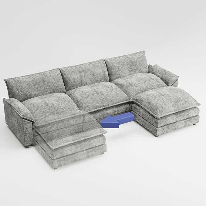 Shahoo Sectional Modular Sofa L Shaped Chenille Fabric Couch with High Supportive &amp Soft Sponges and Removable Ottoman Sleeper Comfy Upholstered Furniture for Living Room Grey