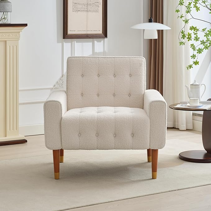 JOSHEN 33 Modern Accent ChairComfy Boucle Living Room Chairs with Solid Wood FrameLounge Reading ArmchairBeige