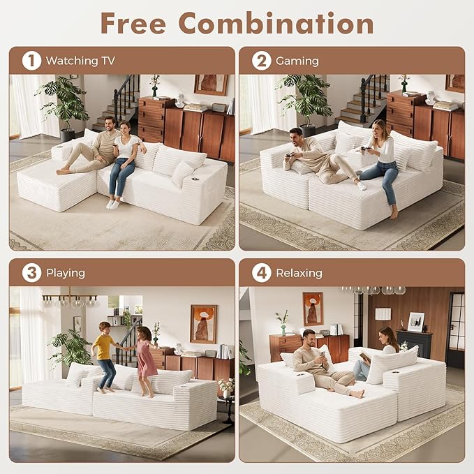 ELUCHANG 108” Modular Sectional Sofa Comfy Cloud Couch with Deep Seat Modern L-Shape Sofa with Chaise Upholstered Boneless Couch for Living Room Bedroom No Assembly Required Corduroy Beige