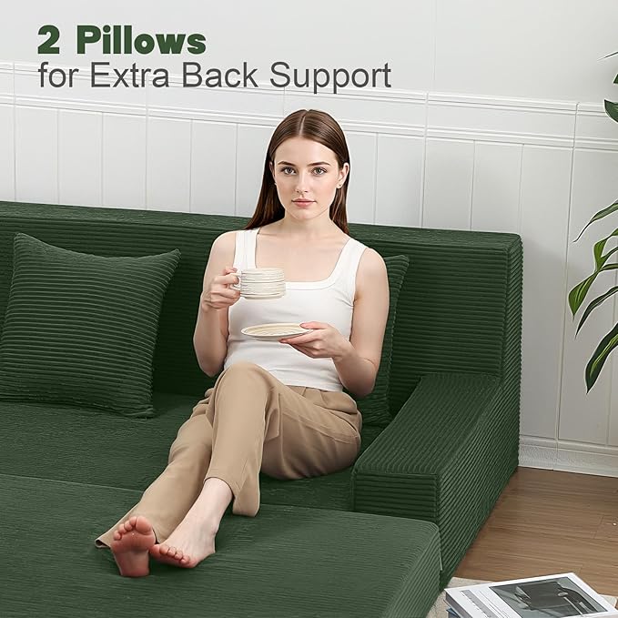 MeMoreCool Boneless Loveseat Sofa Bed – Dark Green Corduroy Convertible Futon Couch Foldable Floor Sleeper with Foam &amp Pillow Washable Cover for Bedroom Apartment Small Living Room