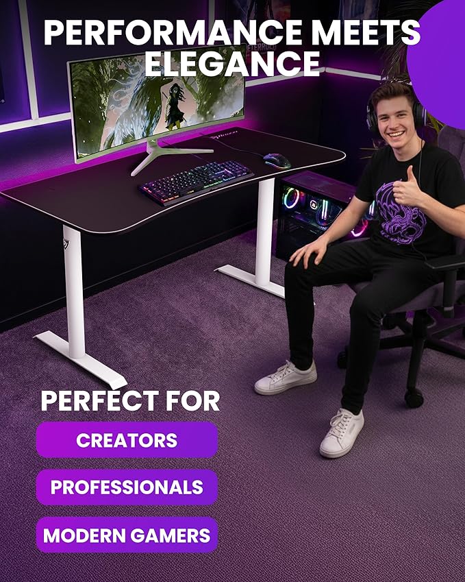 Arozzi Arena Medium Gamer Desk - 55x30” Steel Frame PC Gaming Desk with Storage for Cables &amp Dual-Monitor Support - Full-Surface Washable Mousepad - White