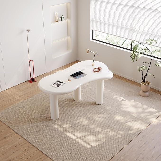 Guyii Irregular Computer Office Desk 62.2 Office Desk Modern Executive Desk with 3 Legs Creamy White Writing Study Desk for Study Room Home Office Dining Room Easy Assembly