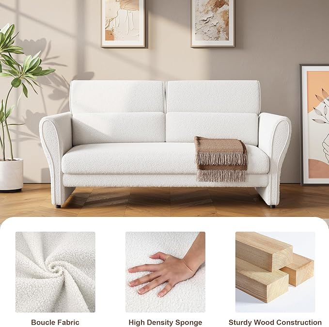57inch Modern Loveseat Sofa Small Couch with High Backrest and Removable Lumbar Pillows Easy Assembly Upholstered Comfy Sofa for Living Room Bedroom OfficeWhite