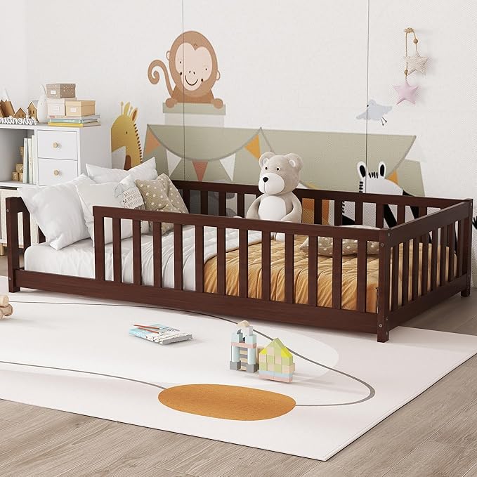 Bellemave Twin Floor Bed with Slats and Safety Guardrails Twin Size Montessori Floor Bed with Fence and Without Door Easy Assemble Montessori Beds Frame for Girls Boys Pink Espresso