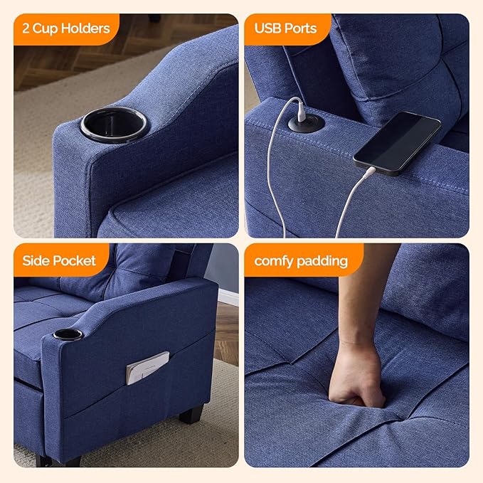 VINGLI Navy Blue Sleeper Chair Bed 3-in-1 Convertible Futon Sofa Bed Pull Out Couch Bed Adjustable Recliner Chair with USB Ports Cup Holders Side Pockets for Living Room Bedroom Small Spaces