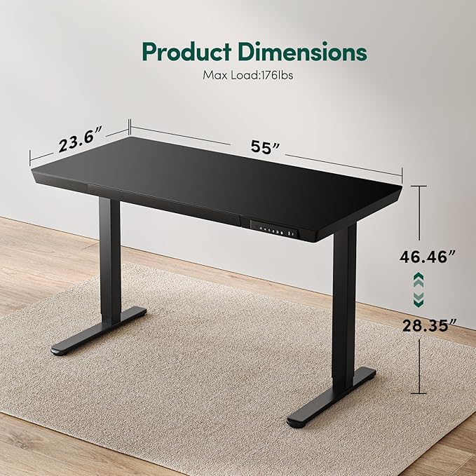 FEZIBO 55 × 24 Electric Standing Desk with Drawers Whole-Piece Glass Adjustable Height Desk One-Piece Quick Install Adjustable Sit Stand Desk Black
