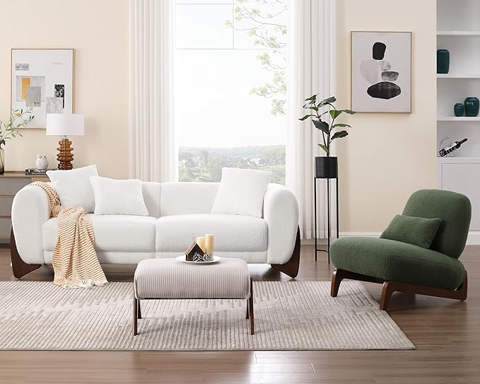 Morden Fort 2 Piece Cloud Couch Set Modern Sherpa Boucle Sofa Set with Wood Legs Skin-Friendly Minimalist Upholstered Comfy Couch Sofa for Living Room White 3-Seater &amp Geen Tilt Back Chair Mix