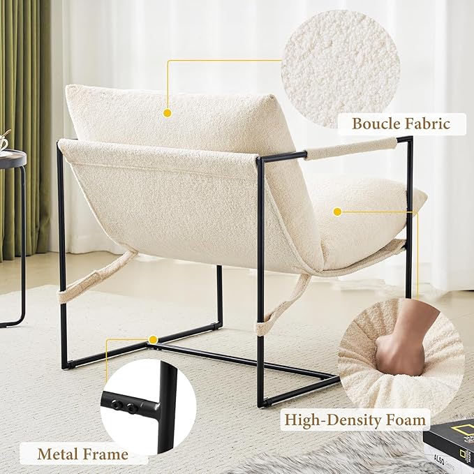 Furnilivng Large Sling Accent Chair Comfortable Boucle Fabric Arm Chair Upholstered Cozy Reading Chair for Living Room Bedroom Dressing Room Home Office White