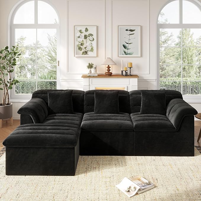 112 Modular Cloud Sectional Couch with Ottoman Modern Upholstered Compressed Sofa with Deep Seat Comfy L-Shape Corduroy Couches for Living Room No Assembly Required Black