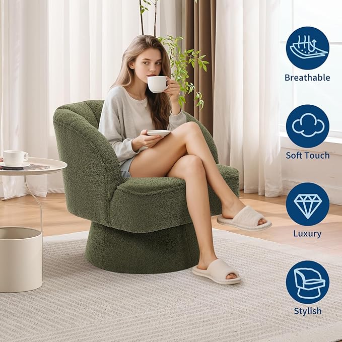 Swivel Barrel Chair - Teddy Bear Velvet Upholstered Modern Armchair with Striped Backrest &amp Plush Padding Round Lounge Chair for Living Room Bedroom Small Spaces Green - (2 Pcs)