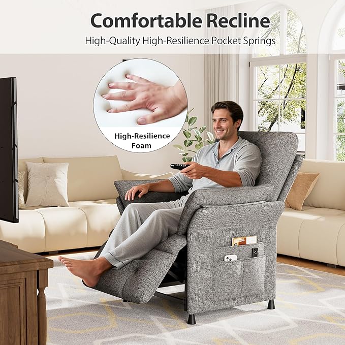 Power Recliner Chair for Adults with Heat &amp Massage - Linen Electric Reclining Sofa with Remote Control 3 Side Pockets 180° Lay Flat Sleeper for Living Room Home Theater Light Grey