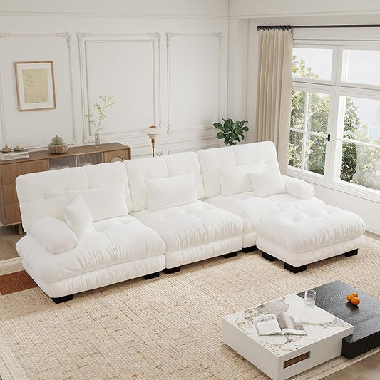 133.8'' Sectional Couches for Living Room Memory Foam Chenille Cloud Couch Round Arm Deep Seat L Shaped Couch Sofa with Pillow and Ottoman