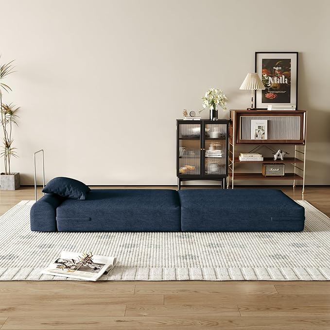31.5'' Convertible Compressed Corduroy Folding Cloud Sofa Bed Set of 2 2 Pieces Modern Boneless Pull Out Sleeper Sofa Couch 3 in 1 Portable Floor Lounge Chair Set No Assembly Needed Navy Blue