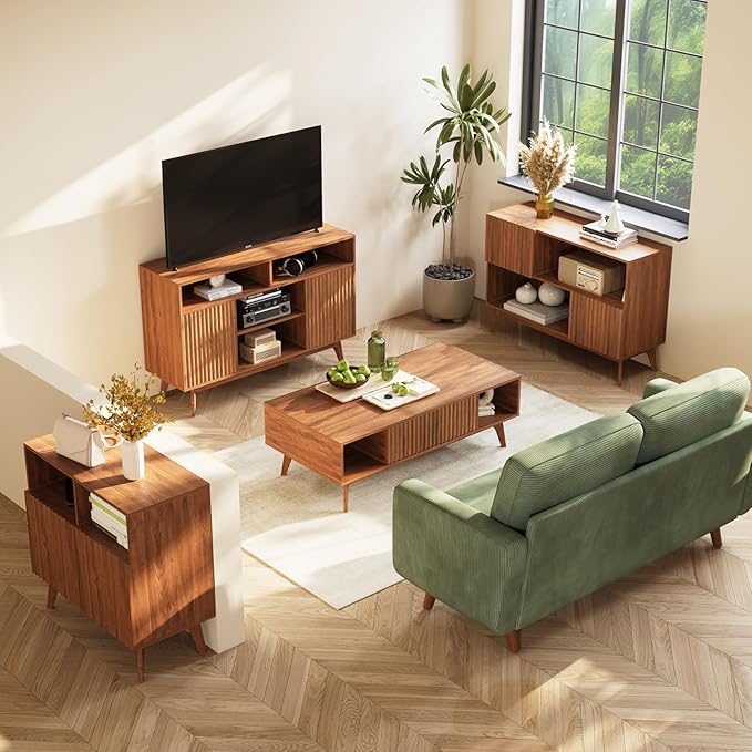 Concho Fluted TV Stand for 60 Inch TV Modern Entertainment Center with Storage and Shelves Wood TV Console with Solid Wood Legs Tall Media Console TV Cabinet for Living Room and Bedroom Walnut