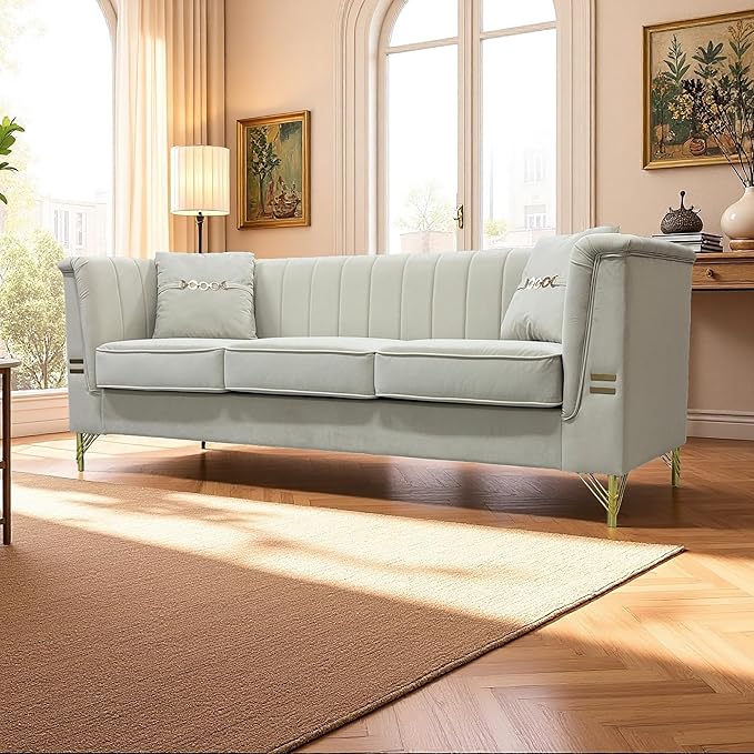 83.46 Upholstered Chesterfield Couch Modern 3 Seater Sofa with Tufted Back and Square Arms Wood Leg Nailhead Sofa for Living Room/Office/Apartment/Small Space Beige Velvet