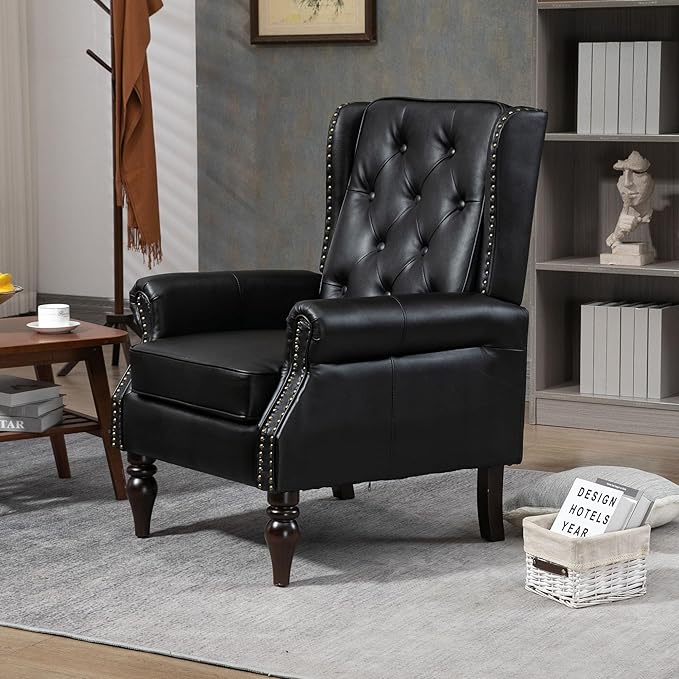 Brown Leather Accent Chair with High Back Vintage Tufted Wingback Chair with Arms &amp Rivet Upholstered Armchair &amp Single Sofa Chairs for Living Room Bedroom Office Apartment (Black)
