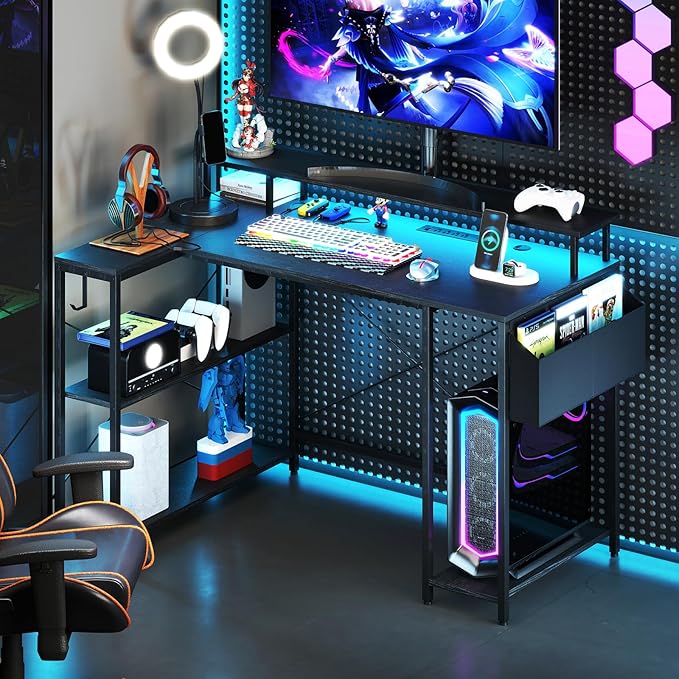 Tangkula L-Shaped Gaming Desk with LED Lights &amp Power Outlets 48 Computer Desk with Storage Shelves &amp Monitor Stand Corner Gaming Desk with Metal Frame Home Office Desk (Black)