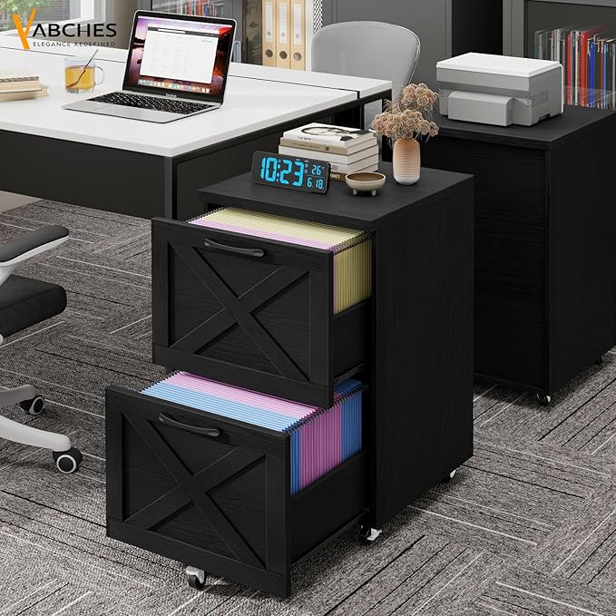 Vabches Farmhouse File Cabinet with 2 Drawers Vertical Filing Cabinet on Wheels for Letter/A4 Size Hanging Files Mobile File Cabinets Printer Stand for Home Office Black