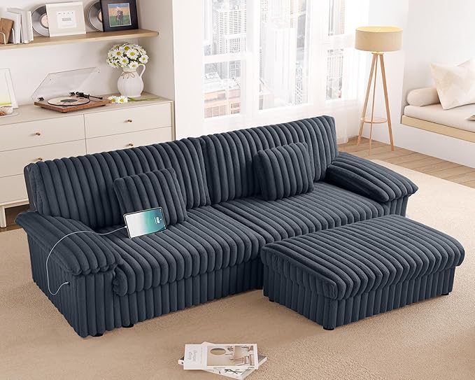 HIFIT 92 Sectional Loveseat Sofa Modern Cloud Couch L Shaped Modular Sectional Sofa with Deep Seat Storage Ottoman USB Port Corduroy Home Sofas Living Room Set Love Seat for Bedroom Office Grey
