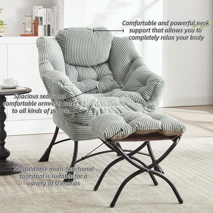 Ergonomic Modern Lazy Chair with Ottoman - Comfy Upholstered Lounge Reading Armchair with Footrest Space-Saving Accent Chair for Living Room Bedroom Office (Light Green)
