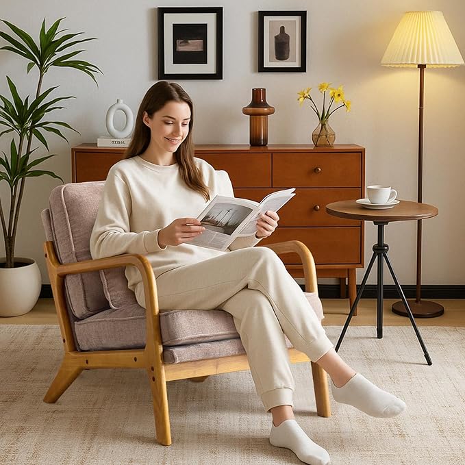 Karl home Mid Century Modern Accent Chair with Lumbar Pillow &amp Oak Arms – Plush Chenille Living Room Chair for Bedroom Lounge (Khaki)