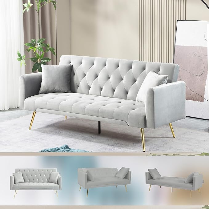 Anwick Modern Velvet Sofa Bed Futon with 2 Pillows2-in 1 Convertible Sleeper Couch BedFolding Recliner Loveseat with Golden Metal Legs for Living Room Apartment Office (Grey)