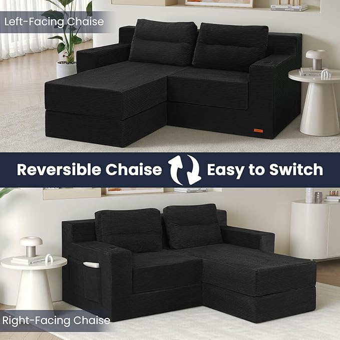 COMAX Futon Sofa Bed Boneless Loveseat Couch in A Box 67 L-Shaped Convertible Sofa Bed Corduroy for Living Room Fold Out Small Foldable Loveseat Foam with Movable Ottoman Floor Sleeper Black