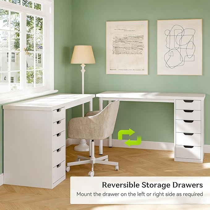 Computer Desk with 5 Drawers 47 Inch Reversible Executive Office Desk with File Storage Drawers Industrial Study Writing Table Corner Desk for Home Office (White)