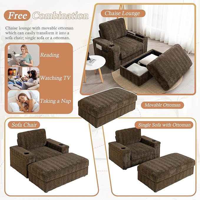 Oversized Chaise Lounge Chair Indoor with Storage Armrest &amp Ottoman Sleeper Chair with Cup Holder Deep Seat Faux Fur Upholstered Couch Sofa Bed Reclining Chair for Living Room Bedroom Brown