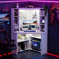 Corner Desk with - LED Reading Light L-Shaped Computer Desk w/Hutch &amp Shelves Home Office Desk w/Charging Station for Work &amp Study File Cabinet Storage Bookshelf for Small Space (White)