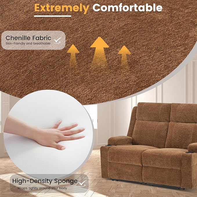 Loveseat Recliner Double Recliner Loveseat with Adjustable Footrest &amp Cup Holder Wall Hugger Recliner for Living Room &amp Home Theater &amp RV(Brown)