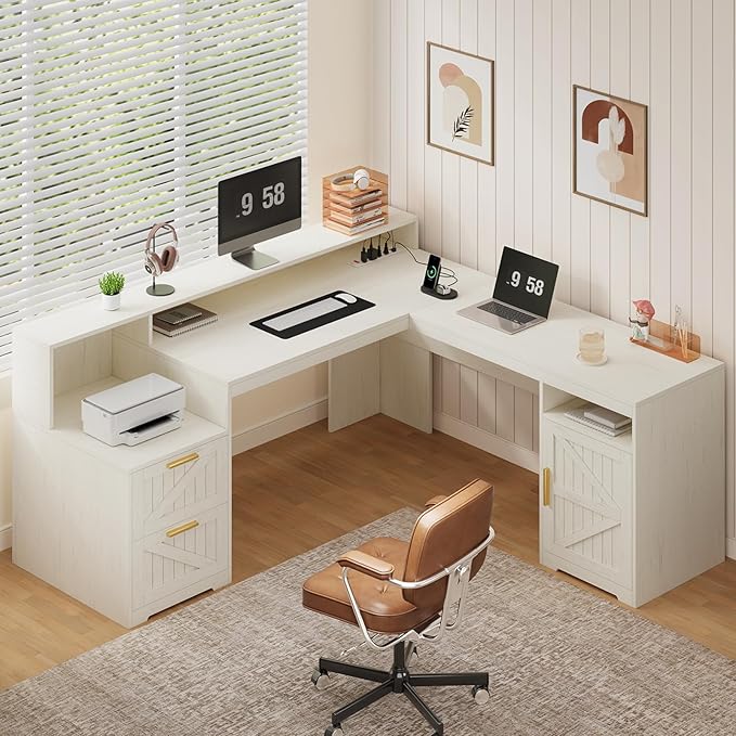 63 Farmhouse L Shaped Executive Desk with Drawers &amp Storage Shelf Corner Computer Desk with Power Outlets L Shaped Office Desk with Monitor Stand Printer Shelf White