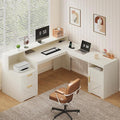 63 Farmhouse L Shaped Executive Desk with Drawers &amp Storage Shelf Corner Computer Desk with Power Outlets L Shaped Office Desk with Monitor Stand Printer Shelf White